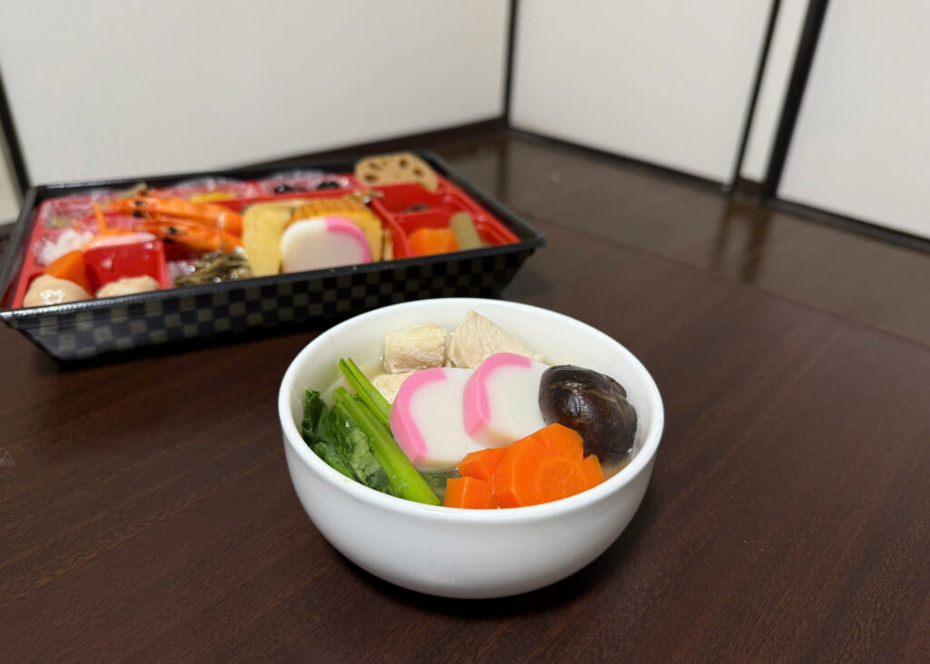 Enjoying Ozoni and Osechi Japanese New Year food at home during winter