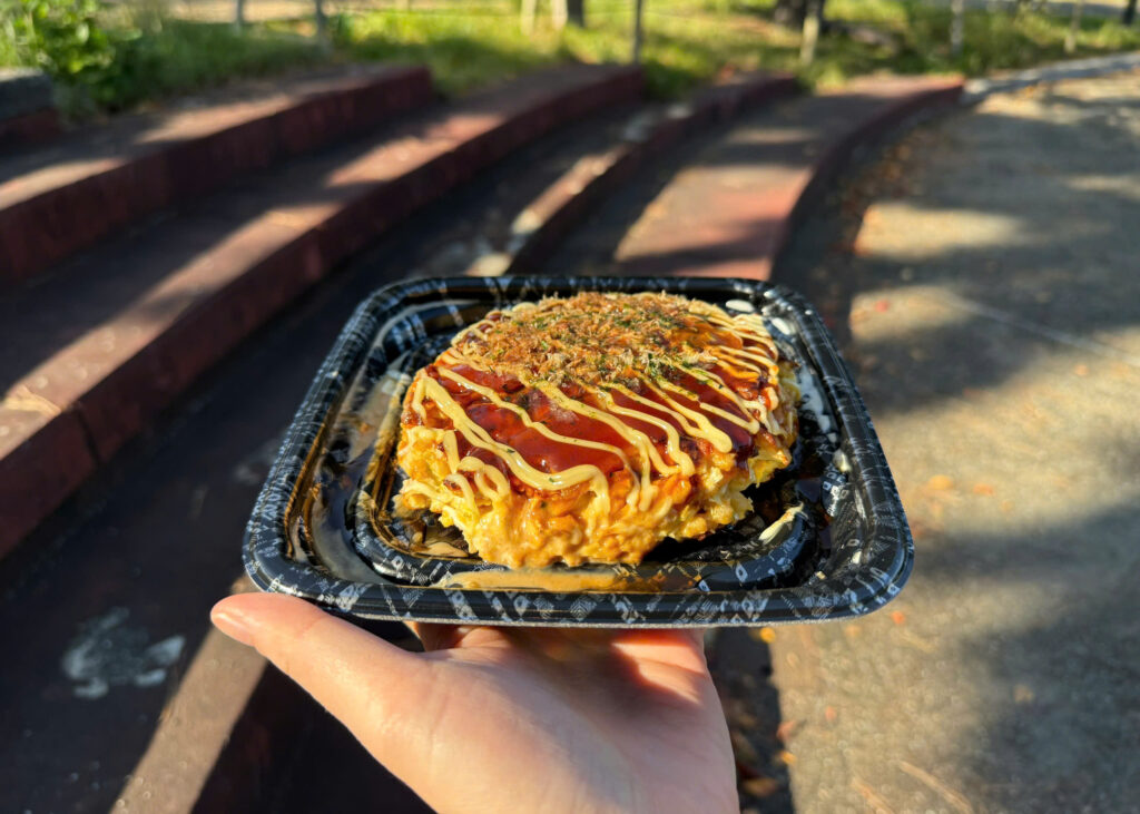 Ready-to-eat supermarket okonomiyaki in plastic packaging